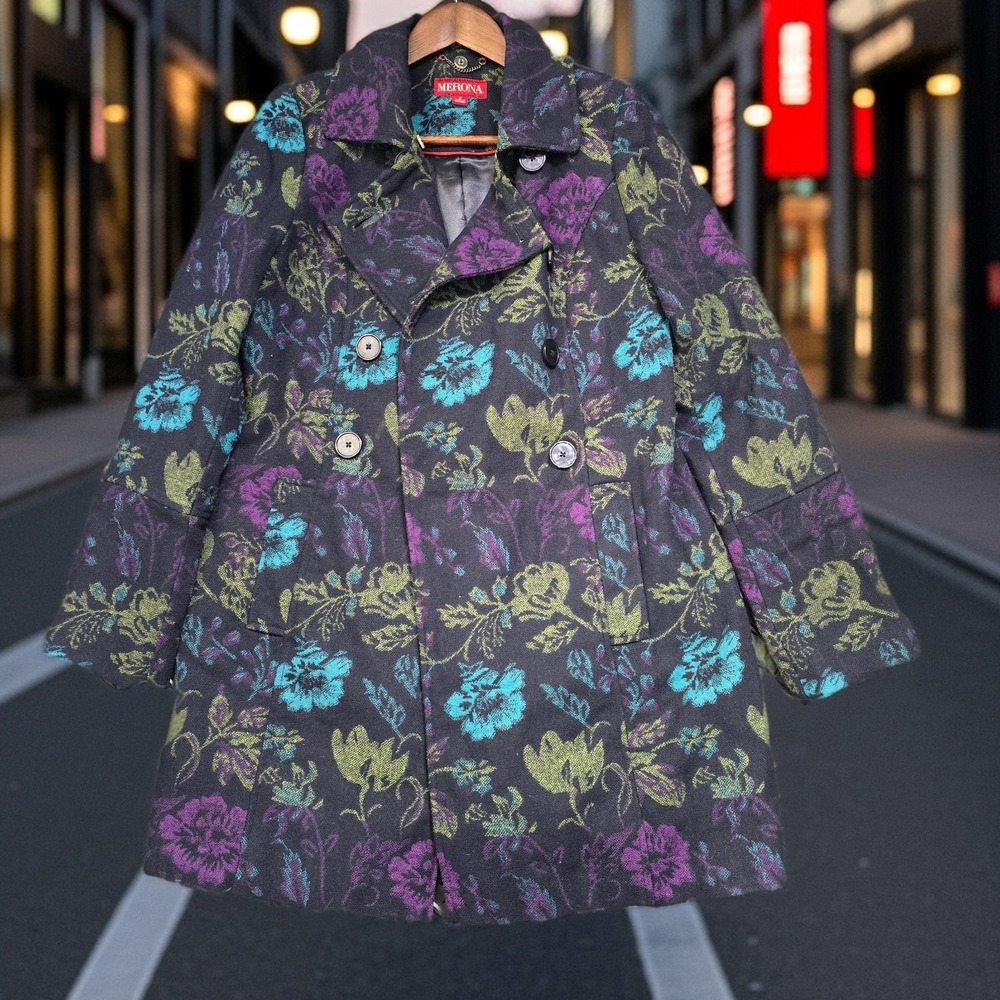 Merona Womens Floral Boho Tapestry Wool Blend Double Breasted Coat Navy Small‎